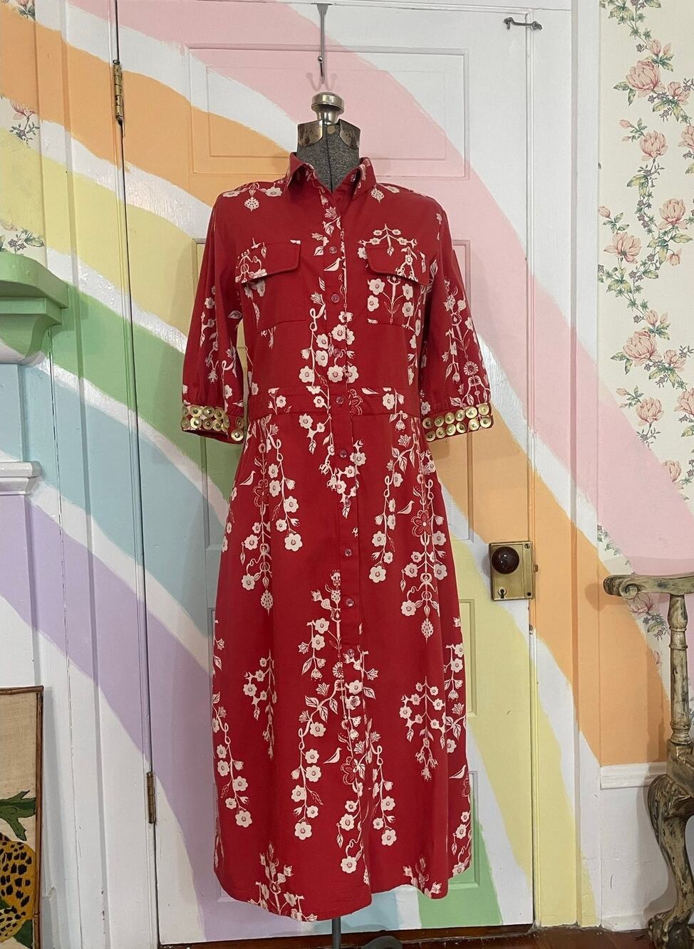 ✨Sheridan French Red Floral Midi Embellished Shirt Dress Sz XS